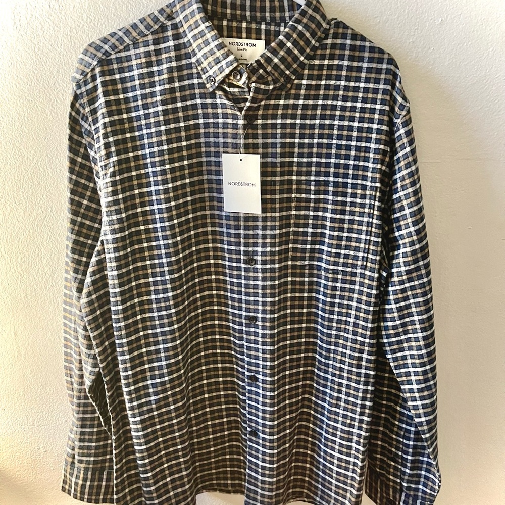 NWT Nordstrom Men's Navy and gray Plaid Shirt